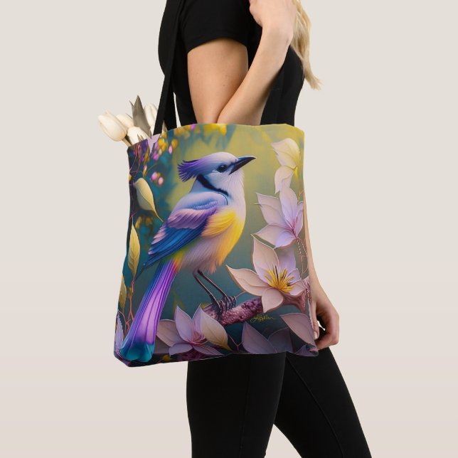 Bolso De Tela Ave Fantasía Amarilla Violeta Tufted (Detalle)