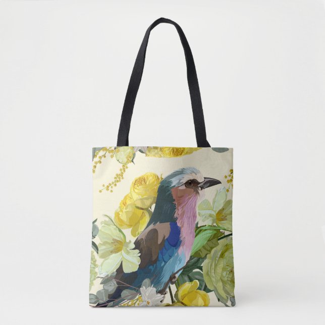 Bolso De Tela Ave, ilustracion de flores primavera amarillas. (Anverso)