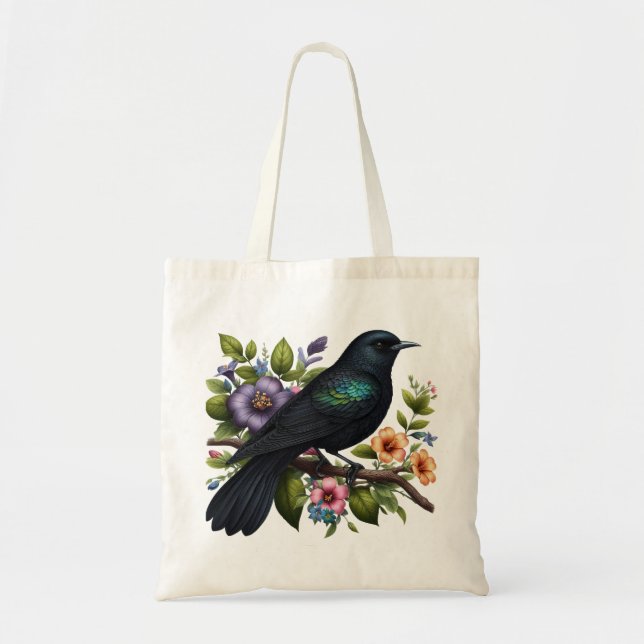 Bolso De Tela Ave negra encantadora con flores en flor (Frente)