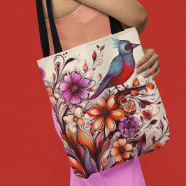 Bolso De Tela Ave Rojo y Verano de flores