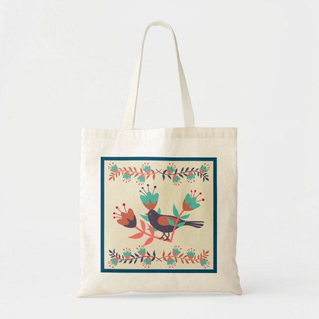 Bolso De Tela Ave y arte folclórico floral (Frente)