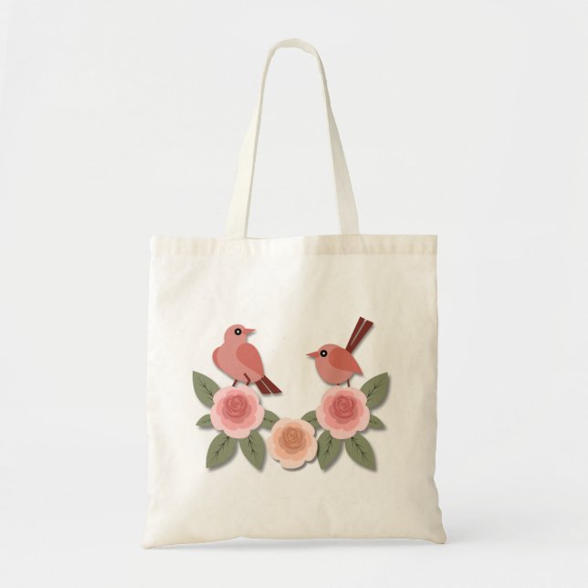 Bolso De Tela Aves amorosas rosas y Rosas floridos (Frente)