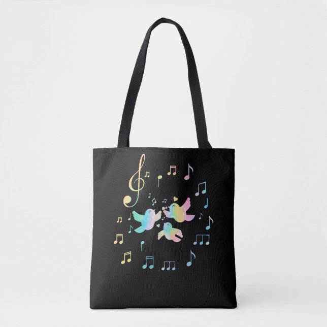 Bolso De Tela Aves coloridas Mujeres Chicas notas musicales (Anverso)