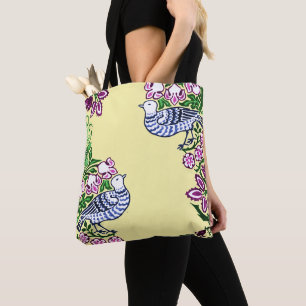 Bolso De Tela Aves de Arte Popular Flores Acorns