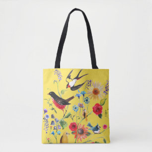 Bolso De Tela Aves de flores silvestres acuáticas