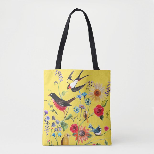 Bolso De Tela Aves de flores silvestres acuáticas (Anverso)
