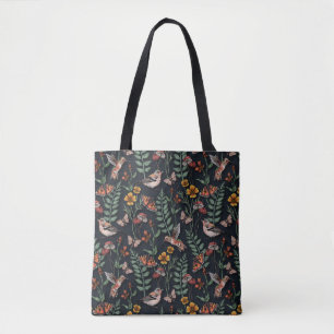 Bolso De Tela Aves de jardín oscuro y mariposas
