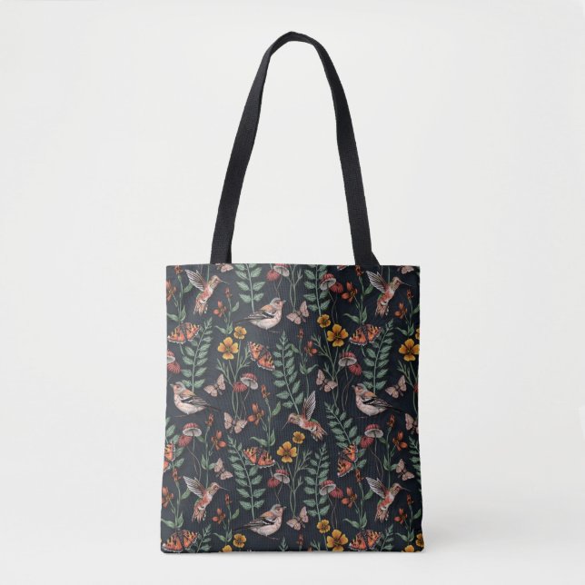 Bolso De Tela Aves de jardín oscuro y mariposas (Anverso)