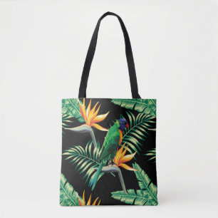 Bolso De Tela Aves De Paraíso Y Ilustracion De Loro Cuto