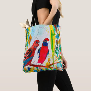 Bolso De Tela Aves de rosella en una acuarela arbolada
