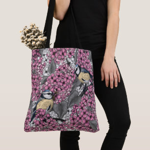 Bolso De Tela Aves en un jardín de lilas rosadas