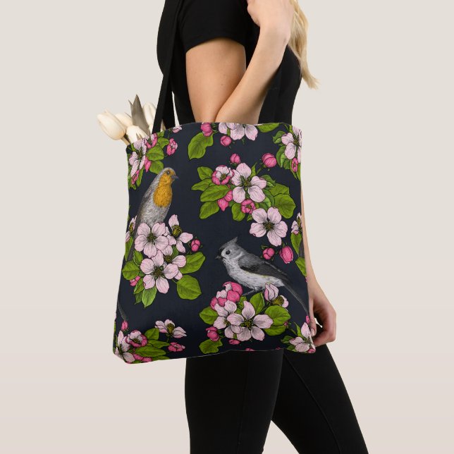 Bolso De Tela Aves y flores en negro (Detalle)