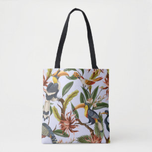 Bolso De Tela Aves y Flores: Patrón Vintage tropical.