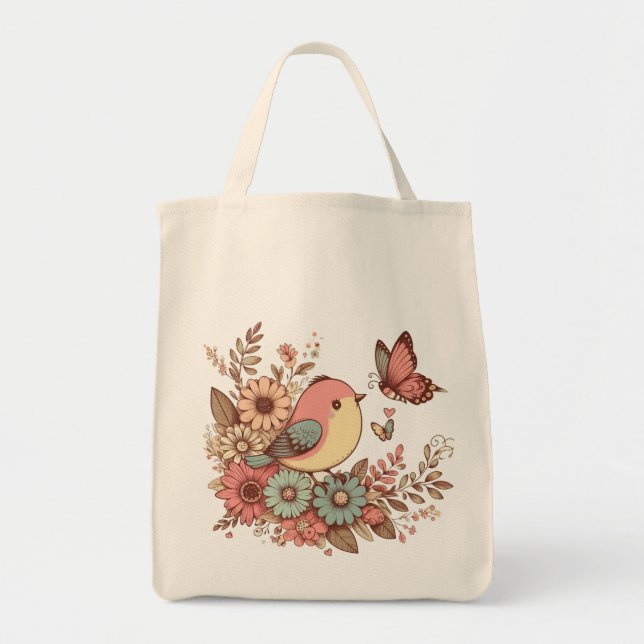 Bolso De Tela Aves y mariposas (Frente)
