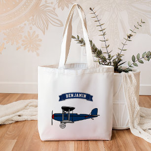 Bolso De Tela Avión Azul Retro Vintage para Niños