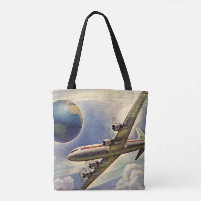 Bolso De Tela Avión de época volando por el mundo en nubes (Reverso)