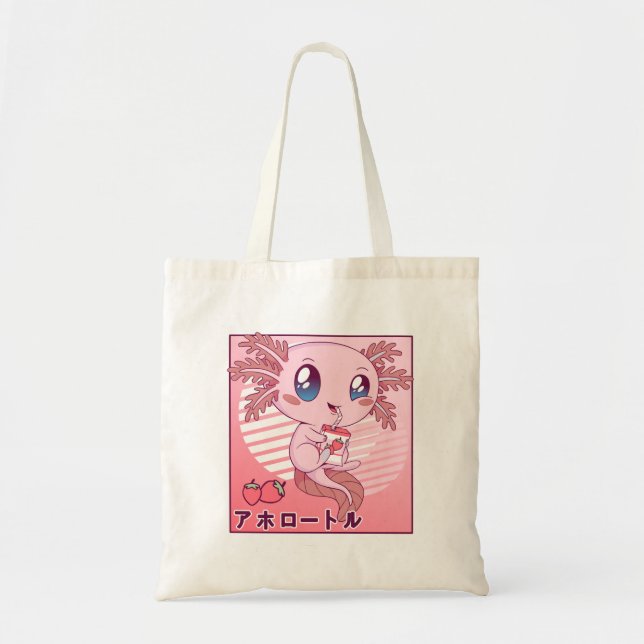 Bolso De Tela Axolotl Strawberry Milk Retro Kawaii Japón Axolotl (Frente)