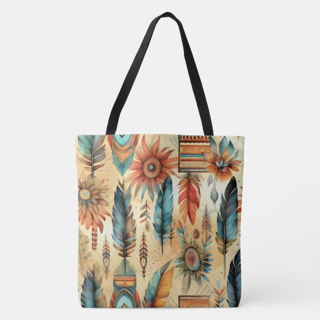 Bolso De Tela Aztec Boho Tribal Blue Fethers (Anverso)