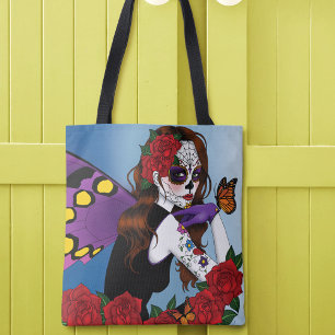 Bolso De Tela Azúcar Morada Calavera Hada Rosas Rojas Monarcas G