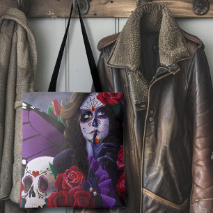 Bolso De Tela Azúcar Skull Roses Rojas Morado