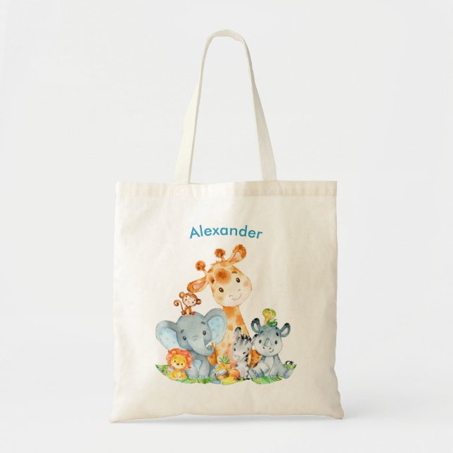 Bolso De Tela Azul acuarela Cute Safari Jungle Animales (Frente)
