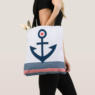 Bolso De Tela Azul barco náutico ancla rayas corazón rojo
