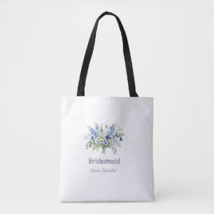 Bolso De Tela azul blanco floral dama de honor nombre púrpura mo
