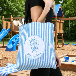 Bolso De Tela Azul caprichoso Preppy Monograma de franja blanca