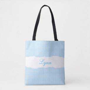 Bolso De Tela Azul Clásico y Cuadros Blancos   Nombre Personaliz