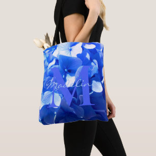 Bolso De Tela Azul cobalto floral elegante caligrafía azul