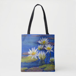 Bolso De Tela Azul con el lirio blanco, verde con el tote rosado