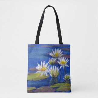 Bolso De Tela Azul con el lirio blanco, verde con el tote rosado