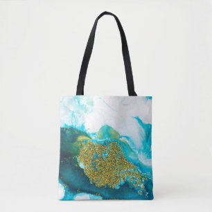 Bolso De Tela Azul con purpurina dorado arte fluido, creativo ab