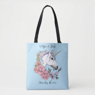 Bolso De Tela Azul de flores rosas de unicornio blanco