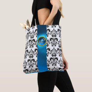BOLSO DE TELA AZUL DE LA FLORAL DE LA DAMASCA BLANCA NEGRA, MONO