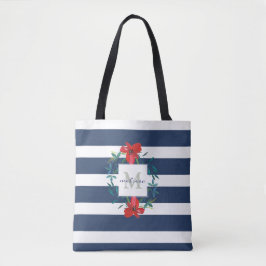 Bolso De Tela Azul floral rojo y el blanco raya el monograma