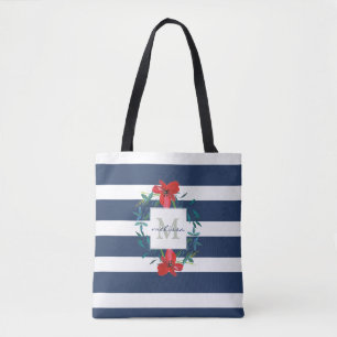 Bolso De Tela Azul floral rojo y el blanco raya el monograma