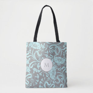 Bolso De Tela Azul Gris Vintage Floral Patrón Monograma Toga Bol