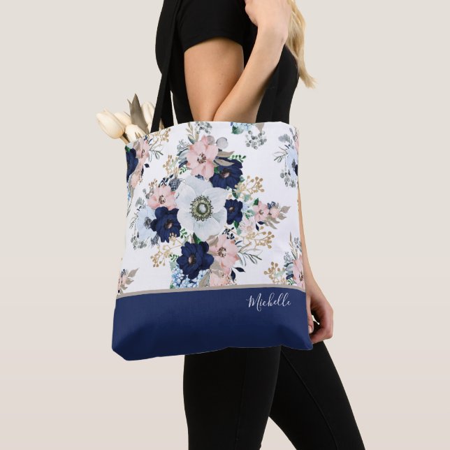 Bolso De Tela Azul Marino Floral Rosa con Nombre (Detalle)