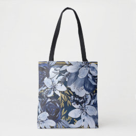 Bolso De Tela Azul Marino y Dorado Floral Acuarela Moderno Elega