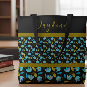 Bolso De Tela Azul Negro Oro Moderno Floral Personalizado