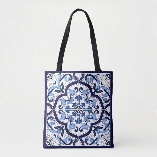 Bolso De Tela Azul Ornate Floral Mediterráneo Tile Siciliano (Anverso)