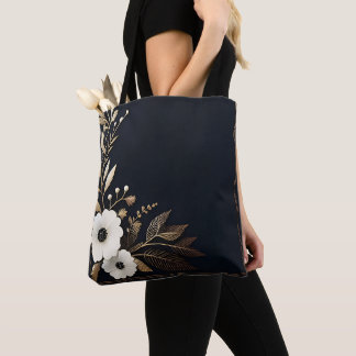 Bolso De Tela Azul oscuro con flores doradas y blancas