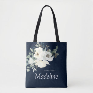 Bolso De Tela Azul Polvo & Floral Blanco- Azul Marino