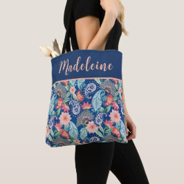 Bolso De Tela Azul Real Turquesa Naranja Floral Vintage Paisley