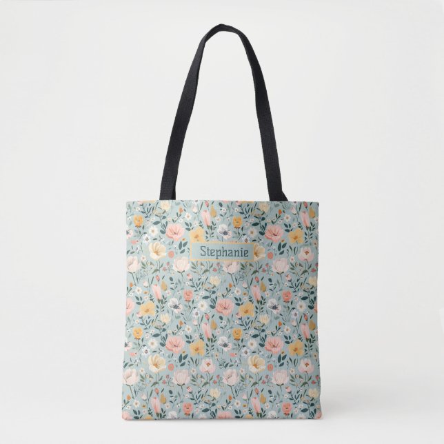 Bolso De Tela Azul Rosa Blanco Floral Flores Melocotón Damas de  (Anverso)