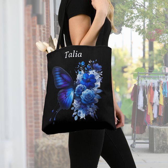 Bolso De Tela Azul sobre la mariposa floral negra personalizada (Subido por el creador)