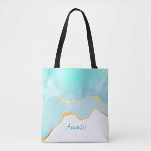 Bolso De Tela Azul verde tropical tranquilo con borde dorado