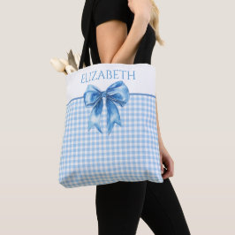 Bolso De Tela Azul y Blanco a Cuadros y Lazo Elegante