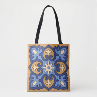 Bolso De Tela Azul y Dorado Floral Geométrico